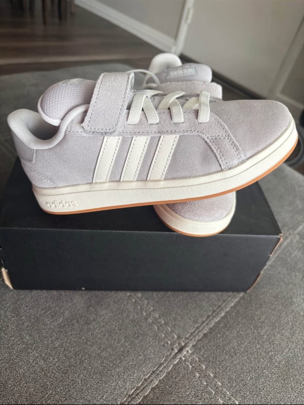 adidas Kids Light Gray Suede Sneaker with White Stripes and Gum Sole